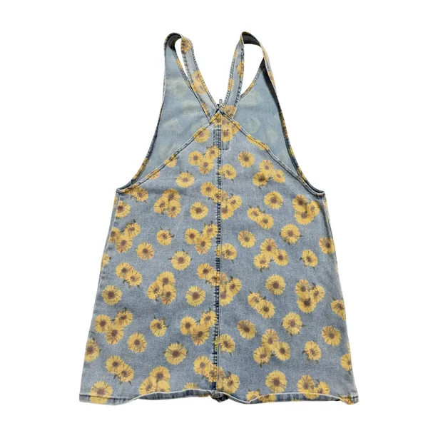 SO Sunflower Denim Pinafore Dress Womens L Blue Floral Zip Jumper Excellent - Image 6