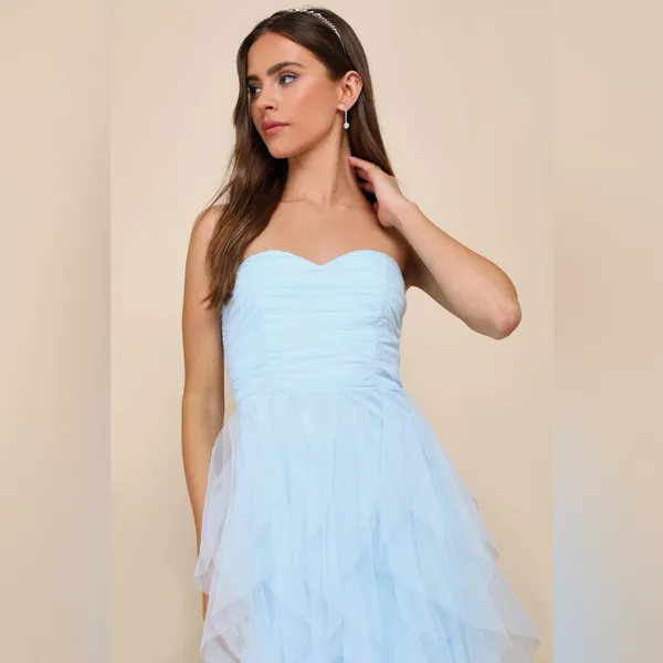 Lulus Delightful Beauty Blue Mesh Strapless Ruched Ruffled Maxi Dress - Image 3