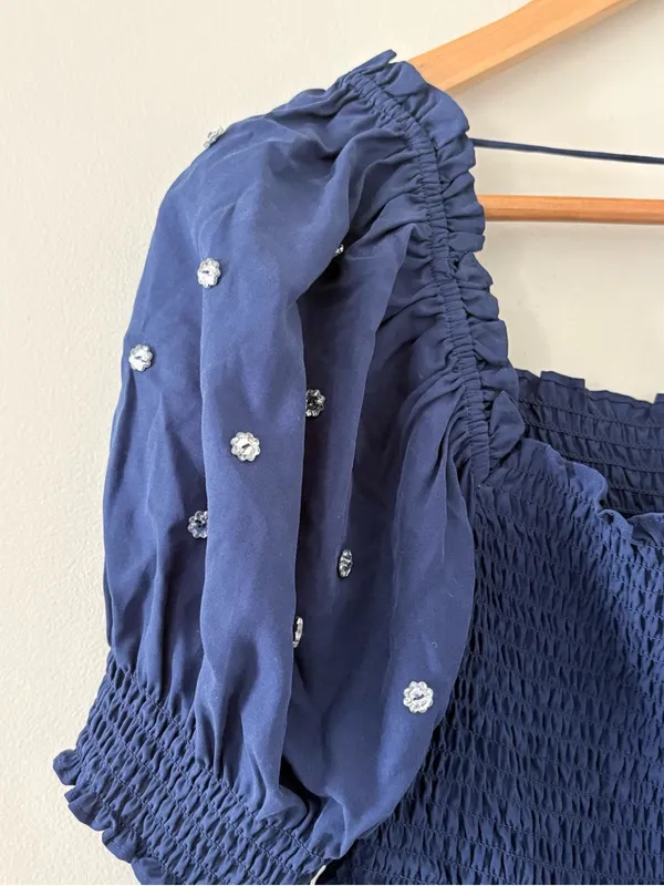 Hill House Home Jewel Jammy Top Navy Blue Smocked Peplum Puff Sleeve Size M - Image 10