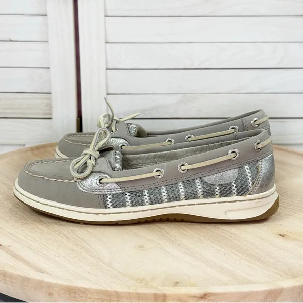 Sperry Topsider Angelfish Striped Mesh Leather Slip On Boat Shoe‎ Loafer Taupe 6 - Image 3