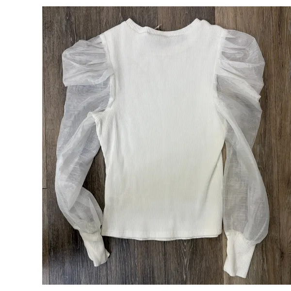 Anthropologie Dolan Top Small White Ribbed Sheer Puff Sleeve Blouse Romantic - Image 3