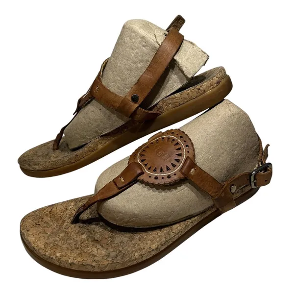 UGG Women Brown Leather Cork Footbed Medallion Thong Ankle Strap Sandals 8 - Image 4