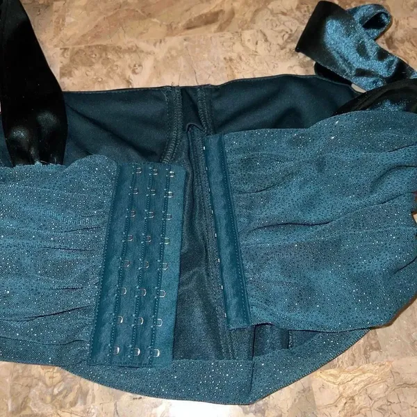 Windsor Corset glitter emerald green mesh satin shirt silk structured crop top s - Image 4