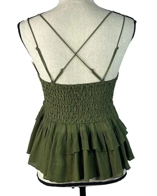 Free People Intimately Medium Adella Cami Top Olive Sparrow Ruffled Crochet Lace - Image 6