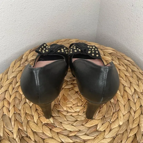 RED VALENTINO Heels Black Leather Peep Toe Pumps Gold Studded Bow Heeled Shoes - Image 8