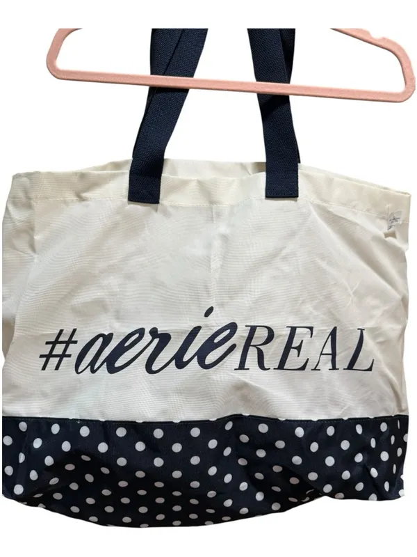 Aerie #AerieREAL Large Canvas Tote Bag Polka Dot Bottom Cream Navy NWT - Image 2
