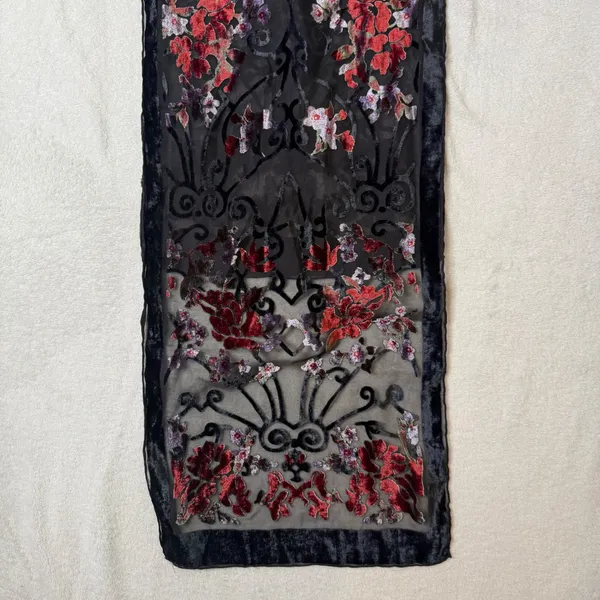 100% Silk Burnout Velvet Scarf Womens Black Red Floral Devore Wrap Whimsigoth - Image 6