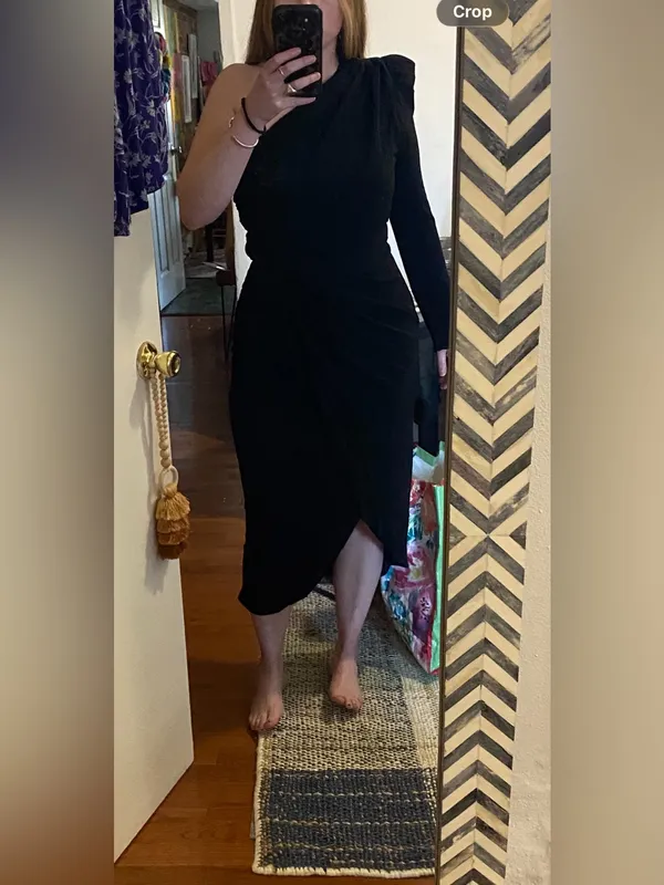 One-Shoulder Black Shimmery Assymetric Midi Dress with Side Slit’, size Large - Image 5