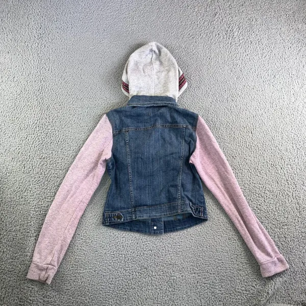 BDG Urban Outfitters Denim‎ Jacket Women Medium Hooded Mixed Media Pink Sleeves - Image 3