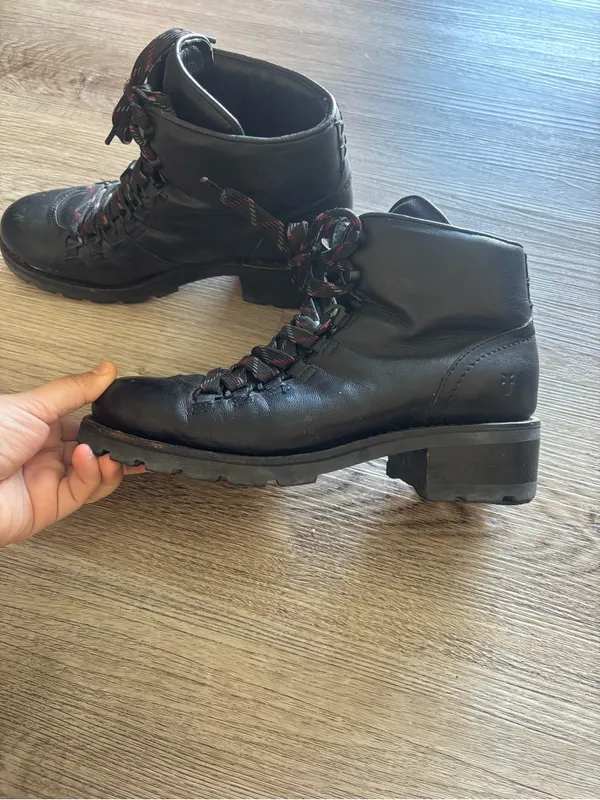 Frye Black Leather Lace-Up Hiker Boots with Red-Accented Laces - Image 3