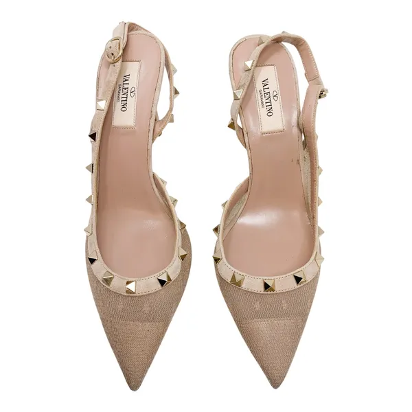 Valentino Garavani Rockstud Nude Mesh Suede Slingback Pointed Toe Pumps EU 39 - Image 16