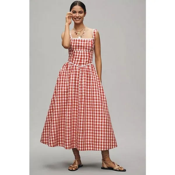💕WAYF x Styled Coco!💕 Gracie Gingham Linen-Blend Midi Dress Red Gingham XL NWT - Image 3
