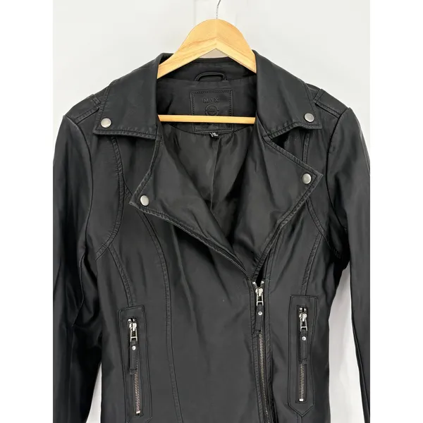 Max Studio Moto Jacket Women M Black Faux Leather Biker Asymmetric Zip Edgy - Image 5