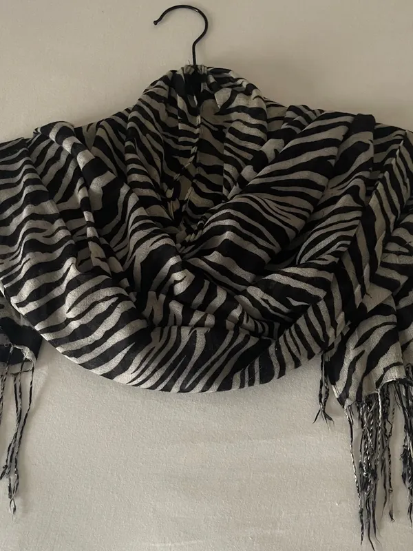 New York & Company Black and White Zebra-Striped Fringe Scarf - Image 3