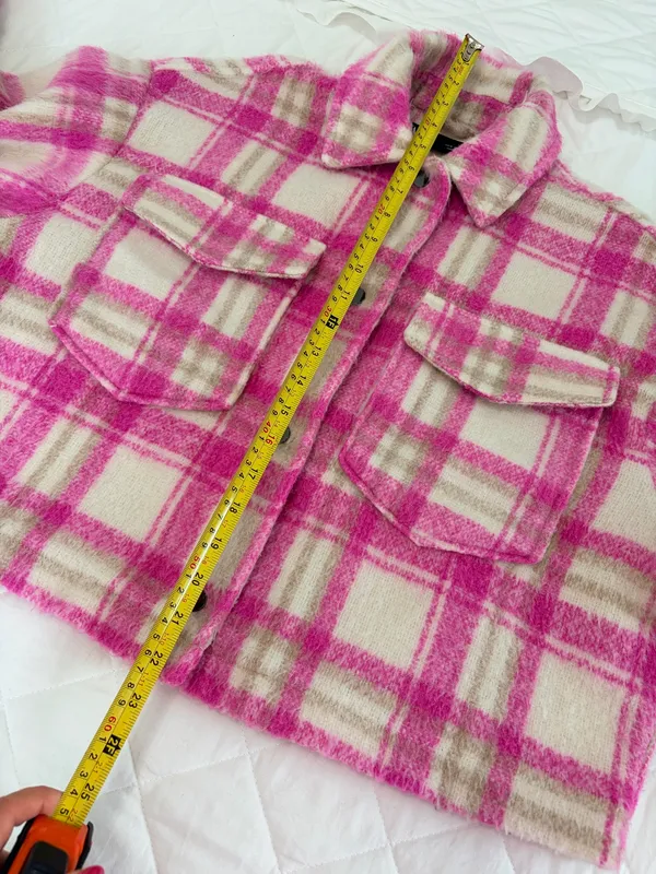 Zara Cropped Plaid Shacket Jacket Pink Cream Fuzzy Cozy Preppy Fall Size S - Image 5