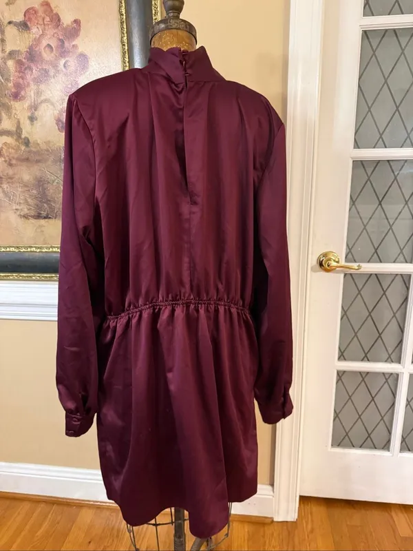 Asos Design Curve Burgundy Satin Mini Dress Tie Waist High Neck Womens Size 18 - Image 3