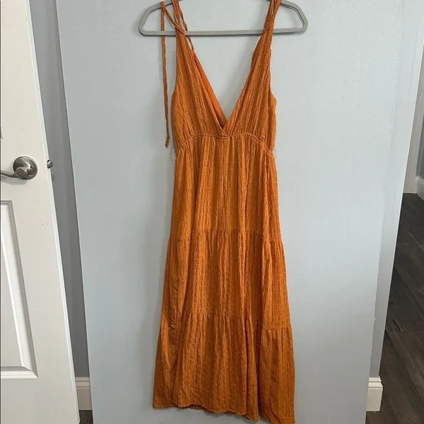Lush Womens Maxi Dress Camel Tiered Surplice Tie Strap Boho Small - Image 4