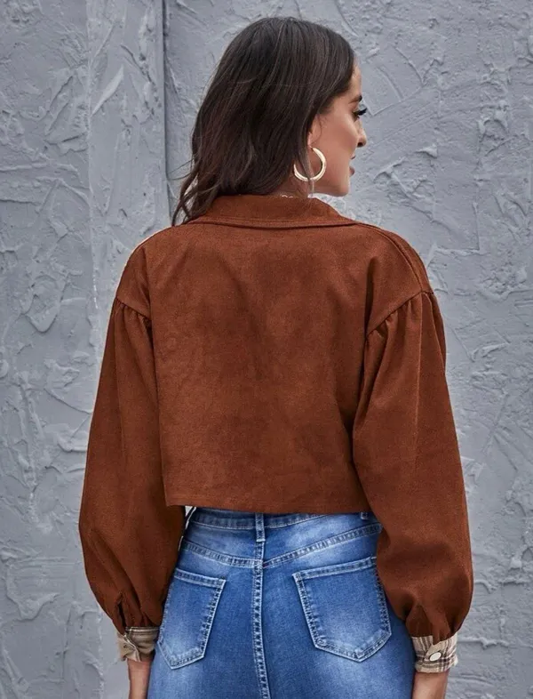 Cropped Flannel Jacket Brown - Image 2