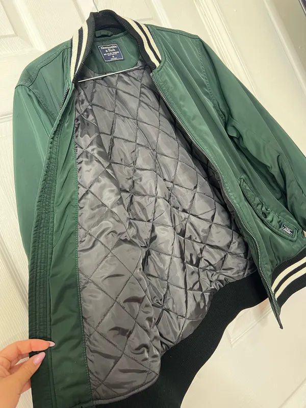 Abercrombie & Fitch Mens M Green Varsity Bomber Jacket Ribbed Collar Zip Up - Image 3