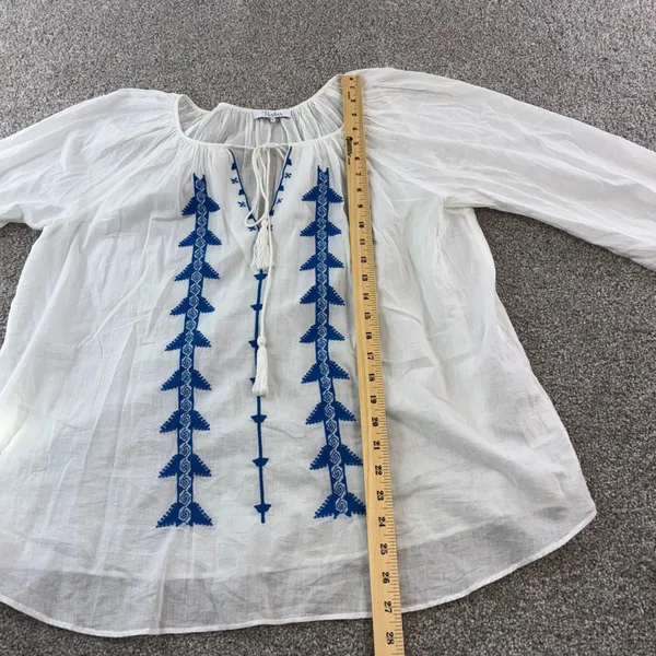 Parker NY Woman's M White Blue Embroidered Tassel Tie Neck Cotton Tunic Top Boho - Image 3