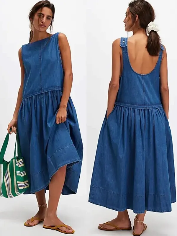 Free People XL Retro 90s Soraya Light Denim Sky Drop Waist Midi Jumper Dress - Image 2