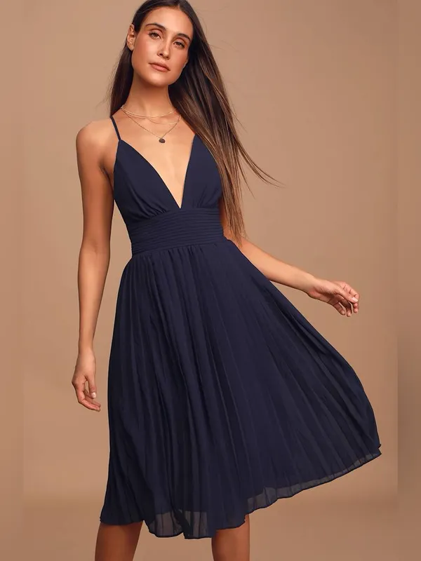 Lulu’s Love Me To The Moon Navy Blue Pleated Midi Dress - Image 3