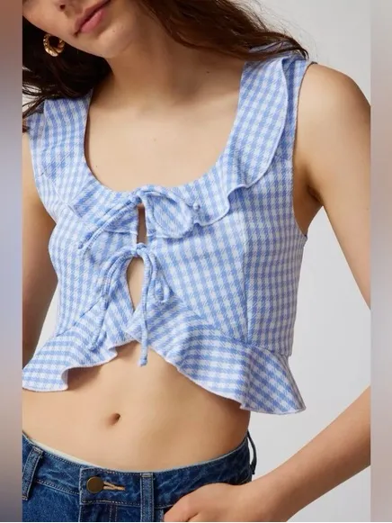 Urban Outfitters Blue Gingham Tie-Front Ruffle Crop Top - Image 3