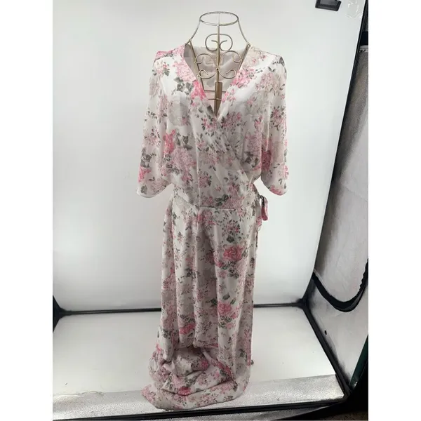 Wayf Pink Floral Wrap Dress Long 3/4 Sleeve Lined Size L - Image 5