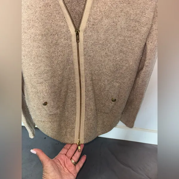 J. Crew Merino Wool Brown Metallic Zip Front Cardigan‎ Sweater Small Women’s - Image 3