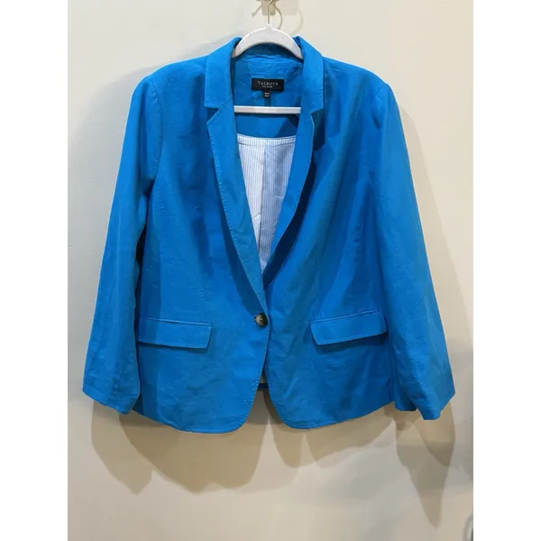 Talbots Blazer Bright Blue One button Jacket Preppy Size 18WP 100% Linen - Image 2