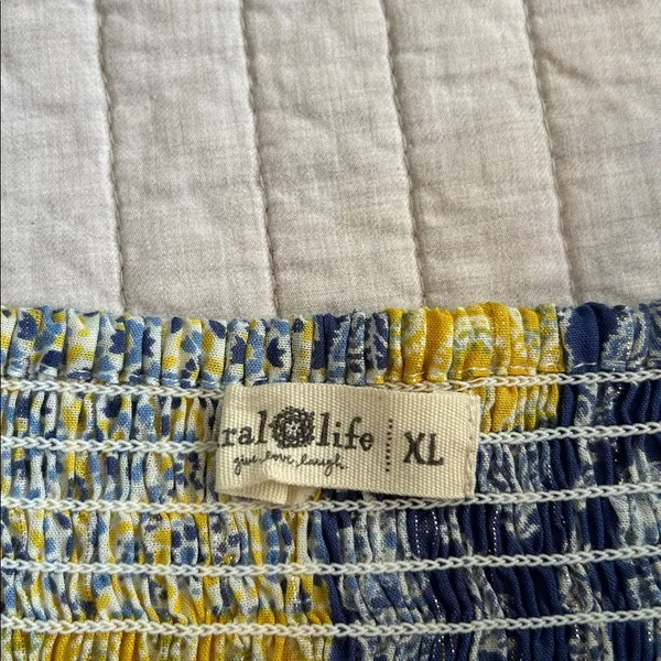 Natural life blue yellow boho floral patchwork smocked ruffle hem tops L XL​ - Image 5