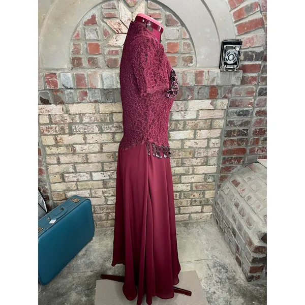 formal dress prom maroon wine red lace beaded fringe - Image 9