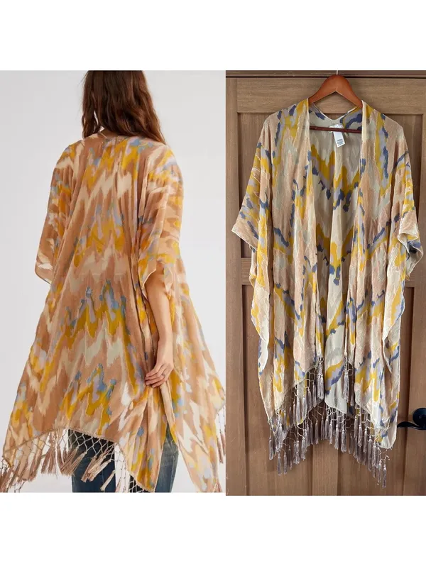 Free People Dripping Velvet Burnout Fringe Kimono Duster Yellow Women’s ONE SIZE - Image 2