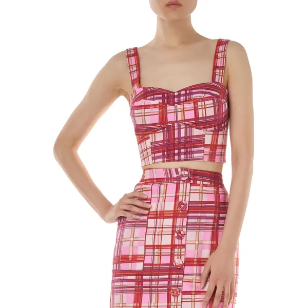 Amur Tess Cropped Bustier Plaid Top Pink Size Medium - Image 2