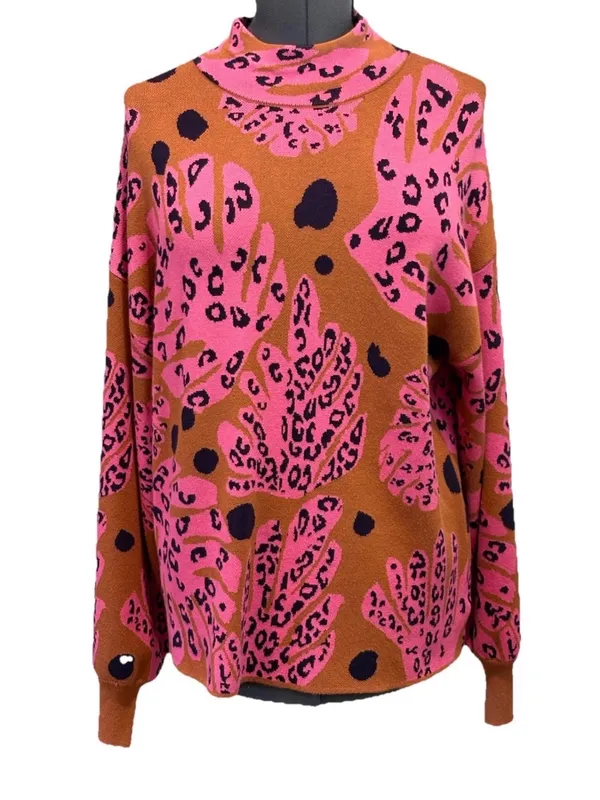Fate: Dance Around It Camel Brown Mixed Print Sweater Size L - Image 4