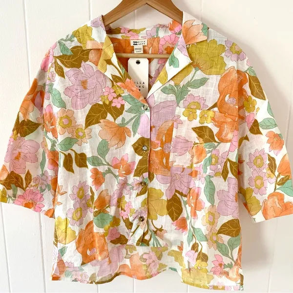 Billabong All Good Button Up Shirt Multicolor Floral Size Medium - Image 3