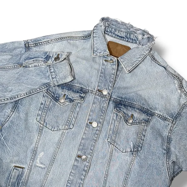 American Eagle‎ Denim Jacket Sz Small Trucker Type III 3 Ripped Distressing Long - Image 2