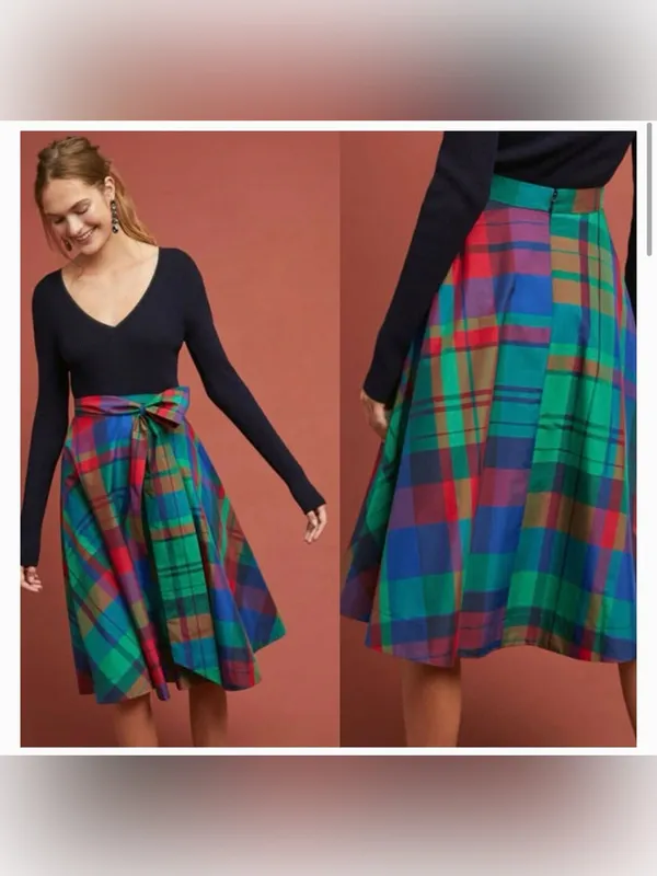 Maeve Plaid Taffeta Midi Skirt high waisted size US 8 EUC - Image 2