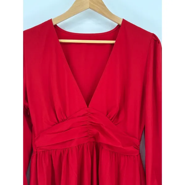 UMENLELE Red Long Sleeve Ruched V Neck‎ Mini Dress Women's Size Medium - Image 4