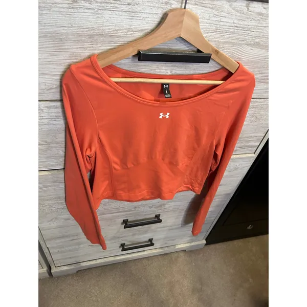 Under Armour Womens Long Sleeve Crop Top Coral Orange Athletic Gym Shirt Large - Image 5