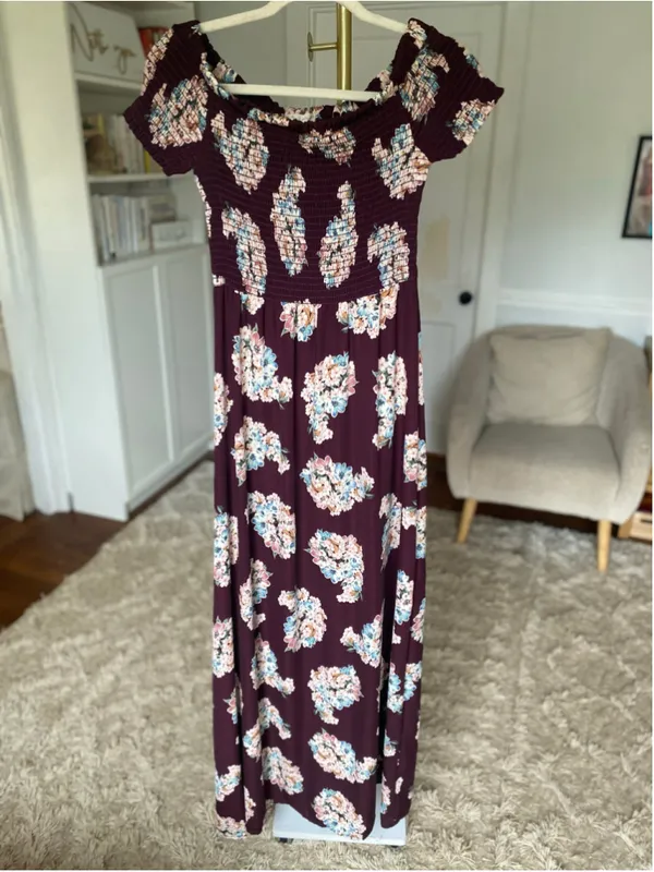 Altar’d State Burgundy Floral Smocked Maxi Dress Boho Coquette Romantic Feminine - Image 2