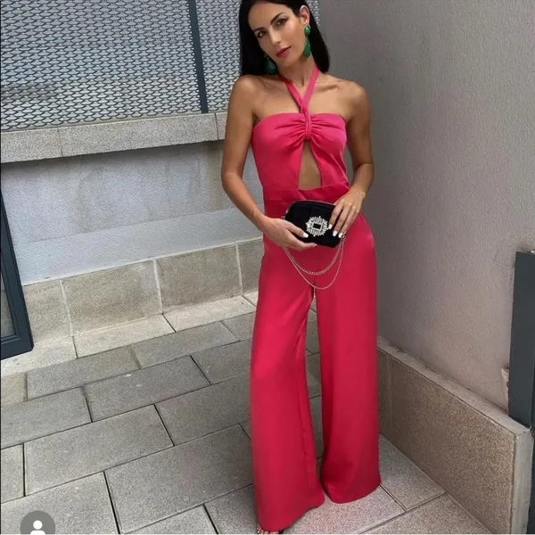 Zara Satin Halter Wide-Leg Jumpsuit in Hot Pink - Image 4