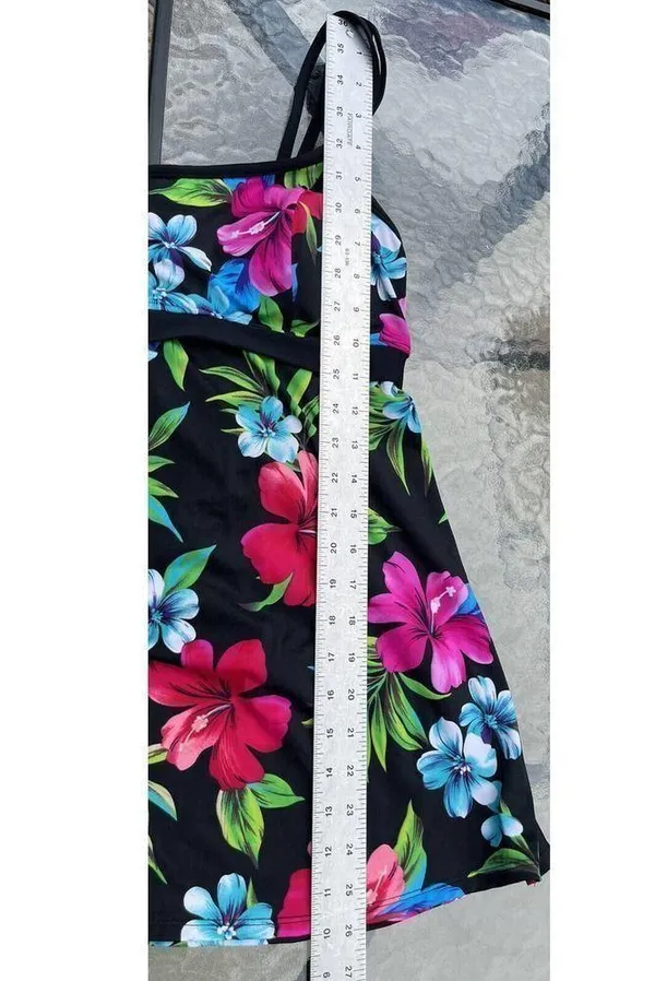 Mainstream Tropical Floral Print One Piece Skirted Swim Suit Swim Dress Size 16 - Image 5