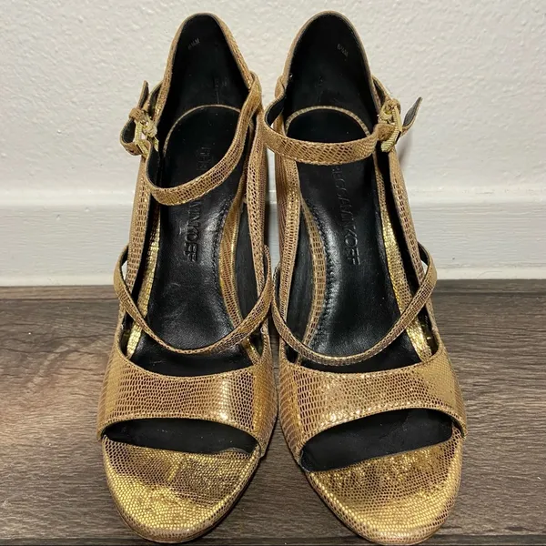 Rebecca Minkoff Penny Heels Mary Janes Scalloped Croc Embossed Gold 6.5 - Image 3
