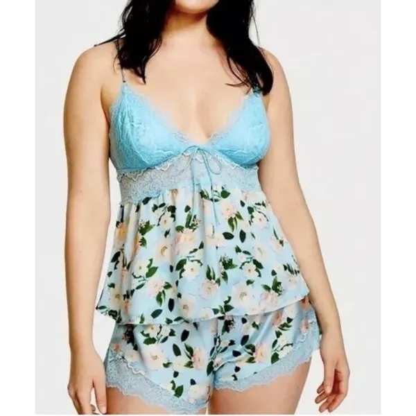 VICTORIA'S SECRET Blue LACE SATIN CAMI Pajama Babydoll S Lounge SET FLORAL I19-1 - Image 12