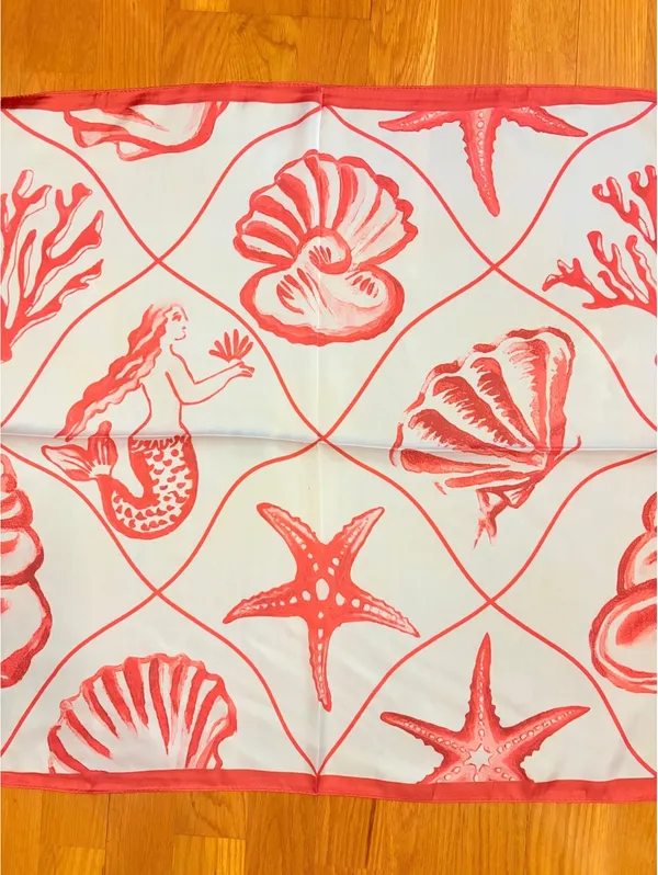 Coral Red and White Sea-Themed Satin Polyester Scarf with Mermaid and Shell Moti - Image 3