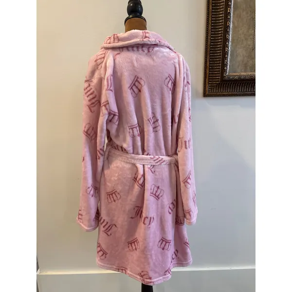 Juicy Couture Pink Crown Logo Plush Fleece Robe L/XL Shawl Collar Long Sleeve - Image 3