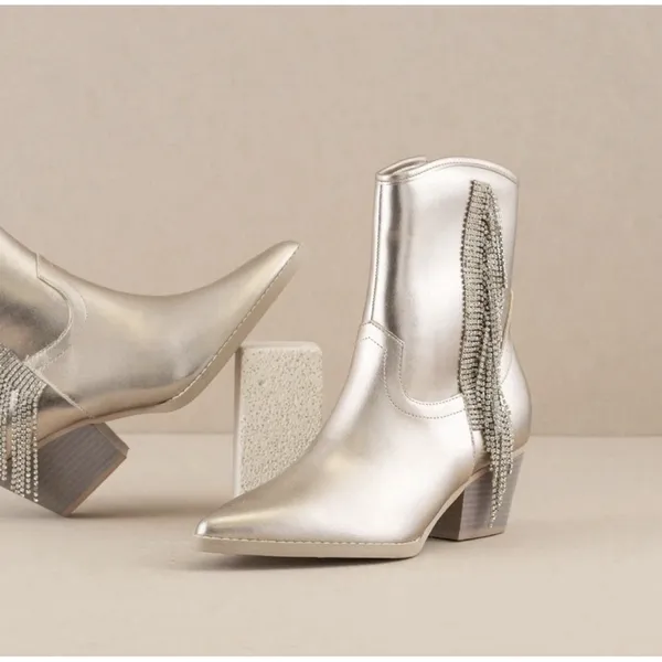 Oasis Society The Rowan Rhinestone‎ Fringe Cowgirl Boot Champagne Size 6 Concert - Image 2