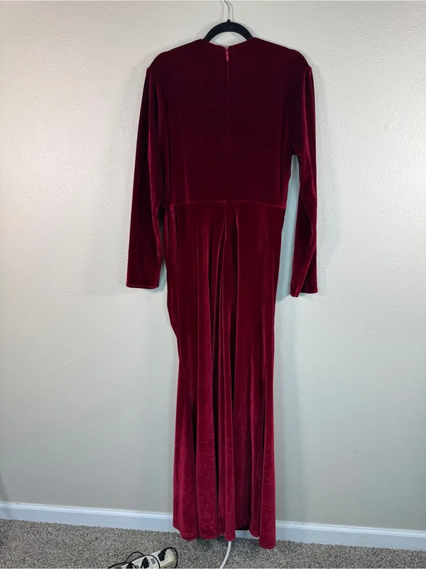 Burgundy Red Velvet Plunging Neckline Maxi Dress Gown Womens XL Holiday Party - Image 5