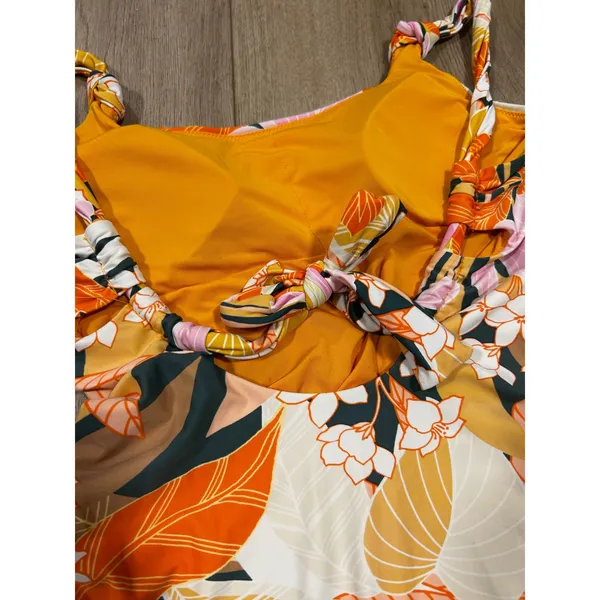 Aerie Real Good One Piece Swimsuit Orange Tropical Floral Tie Back Small S - Image 6